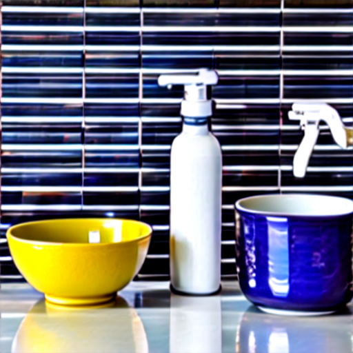 033_An eye level counter-view shows blue tile, a faucet, dish scrubbers, bowls, a squirt bottle and similar kitchen items..png
